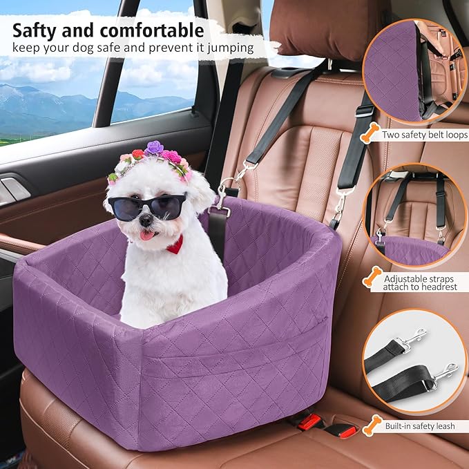 NEEZUKAR Dog Car Seat for Small Medium Dogs,Detachable Washable Dog Booster Seat Under 30lbs, Pet Car Seats Travel Bed with Storage Pockets and Safety Belt (Purple) - Image 3