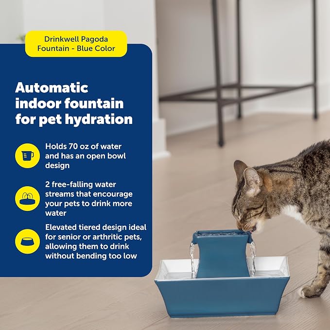 PetSafe Cat and Dog Water Fountain - Automatic Water Dispenser - Drinkwell Pagoda Ceramic Fountain for Pets - Filter Included - Blue - 70 oz, Model:PWW00-14898 | 2 Falling Water Streams Encourage Hydration, Cat & Small Dog Water Fountain, Carbon Filter... - Image 3