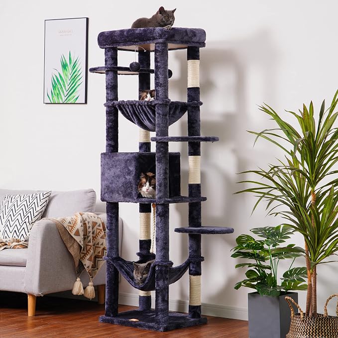 Heybly Cat Tree for Large Cats 20 lbs, 69 inches Cat Tower HCT031G | Heavy Duty Cat Condo for Indoor Cats, Multi-Level Furniture with Big Padded Plush Perch, Cozy Basket, Smoky Gray - Image 8