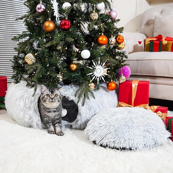 Cat Tunnel Bed for Indoor Cats, Under Christmas Tree Skirt, Donut Tunnel Toys for Multiple & Large Cats, Bed Cave Hideaway for Kitten, Rabbit, Puppy, Gray - Image 2