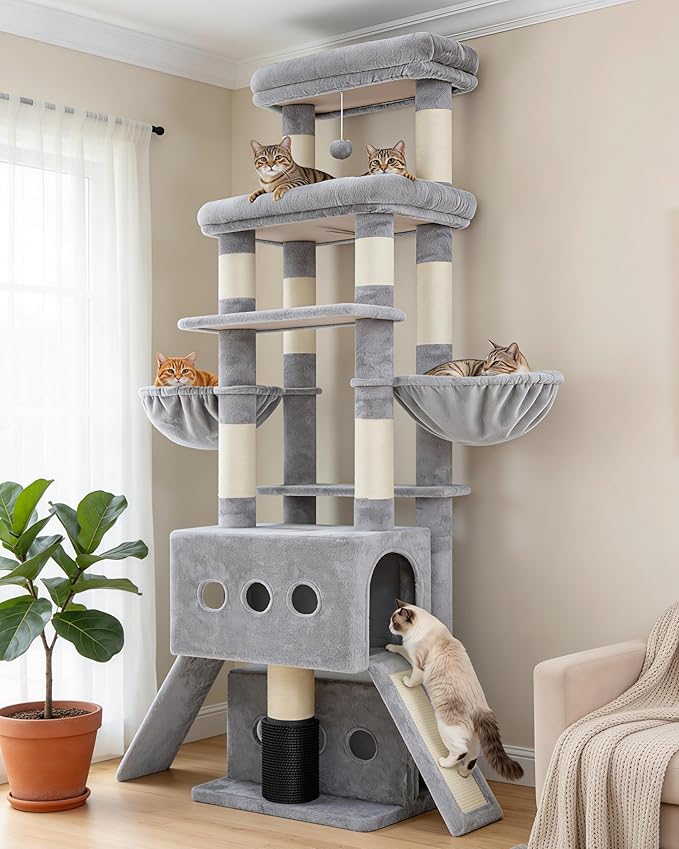 Hey-brother Cat Tree Tower with Multi-Level Platforms, Cozy Condos, MPJ085W | 71.5 Inches Cats House, Scratching Posts with 2 Hammocks, Scratch Board, 2 Plush Baskets for Multiple Indoor Cats, Light Gray by Hey-brother