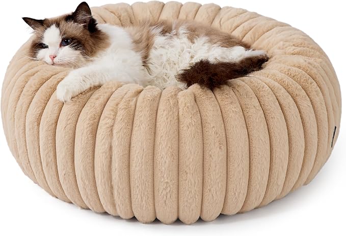 Bedsure ComfyFleece™ Donut Cat Bed for Indoor Cats with Washable Cover | 20x20x6in, Calming Round Kitten Beds,Support Plush Puppy Bed, Removable Corduroy Fleece,Anti Slip Bottom,Sandy Beige - Image 8