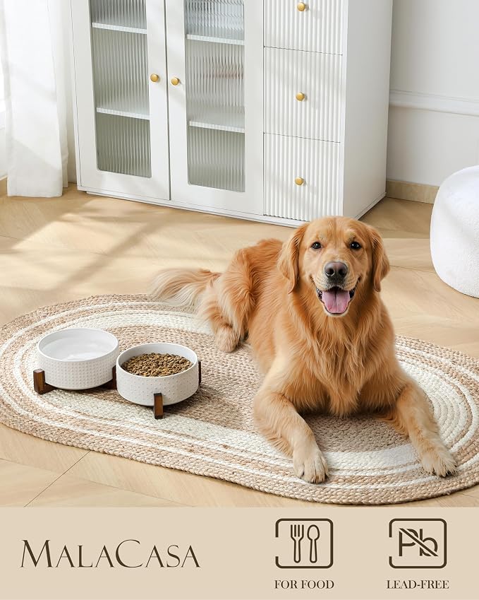 MALACASA Dog Bowl Set, Ceramic Bowls with Walnut Wood Stand, 6 Cups | Rhombic and Polka Dot Design, Non-Slip Base, for Dogs, About 26% Heavier than Similar Ceramic Bowls - Image 3