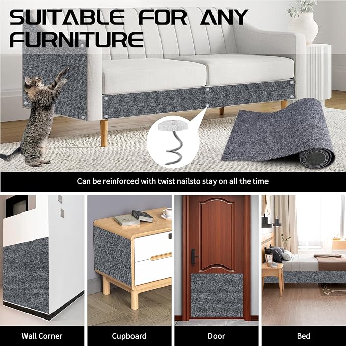 2 Pcs Total 78.8"x15.8" Cat Scratch Mat, Cat Scratch Couch Furniture Protector, Trimmable Self-Adhesive Cats Scratch Pads, DIY Cat Scratcher for Wall Protector and Covering Cat Tower (Dark Gray) - Image 7
