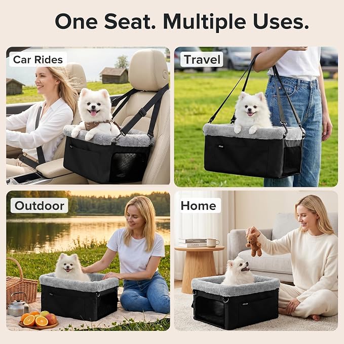 JOEJOY Deluxe Dog Booster Seat with Sturdy Metal Frame and Safety Leash for Small Pets up to 20 lbs - Portable Puppy Dog Car Seat with Thick Cushion and Storage Pockets for Small Dogs, Black - Image 5