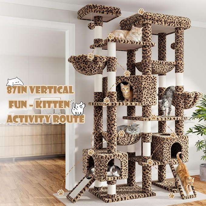 Sha Cerlin 87 in Multi-Level Tall Cat Tree Tower for Large Cats/Extra Wide Feline Activity Center/Sisal Scratching Posts/Wide Base/Cozy Plush Perches/Baskets/Hammocks/Toy Balls/Leopard Print - Image 8
