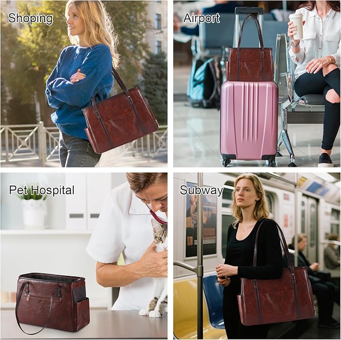 Fashion Dog Carrier Purse, Premium Leather Cat Carrier Bag, Airline Approved Soft Sided Pet Travel Tote Bag with Pockets Coffee - Image 5