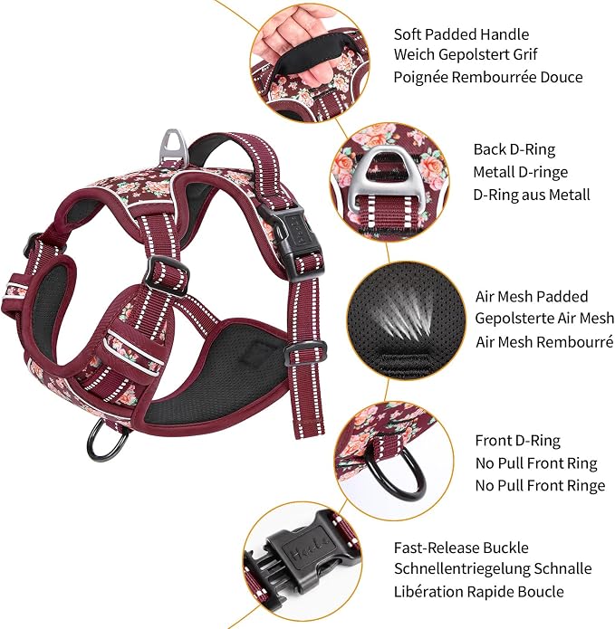 HEELE Dog Harness, Reflective, No Pull No Choke, Flower Burgundy, S | Front Clip for Small Dog Harness, 2 Metal Rings with Handle, Adjustable, Soft Breathable Padded Pet Vest for Night Walking - Image 2