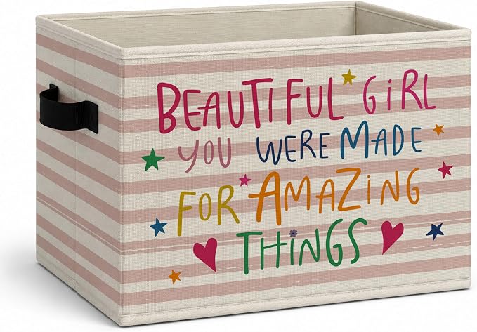 Girls Room Storage Bins Box, Positive Colorful Collapsible Organizer Basket | affirmation encouraging storage box basket for books clothes, pastel striped organizer for nursery bedroom playroom, 10x14 in by Unknown