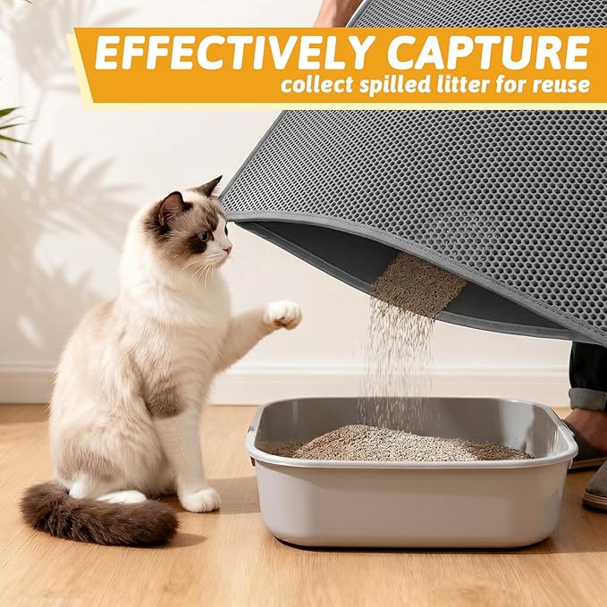 Pieviev Cat Litter Box Mat, Double-Layer Urineproof Design, 47" x 36" Gray | Honeycomb Litter Trapping Mat Captures Scattered Particles to Stop Tracking, Waterproof Base Protects Floors, Easy to Clean - Image 3
