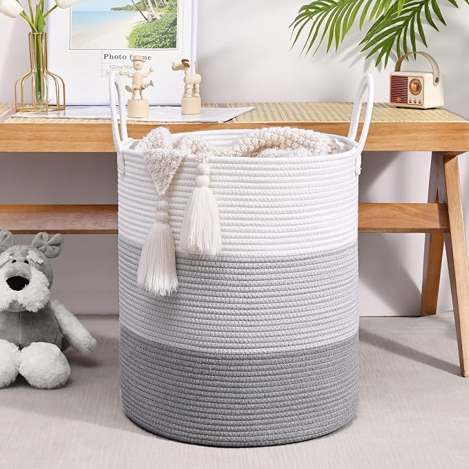 Laundry Hamper for Organizing, 52L Large Laundry Baskets, Cotton Rope Woven Blanket Basket, Collapsible Laundry Hamper for Living Room, Nursery, 15"×18", Gray - Image 5