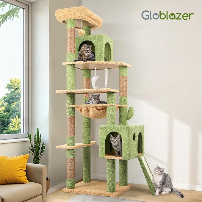 Globlazer Large Cactus Cat Tree Tower, 70in Tall Heavy Duty Green Cat Tree for Indoor Cats Sturdy Cat Tower with Scratching Post and Board, Hammock, Cat Condos for Adult Cats Kittens, F70 Pro, Green - Image 7