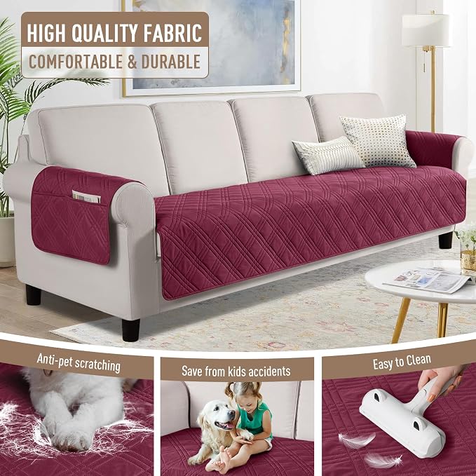 TAOCOCO Waterproof Large Couch Covers for Dogs, Non Slip Sofa Cover, 78.7'' | Washable Oversized Couch Covers with Arms for 3 Cushion Couch, Dog Sofa Cover Protector, Pockets & Backless Design, Wine - Image 4