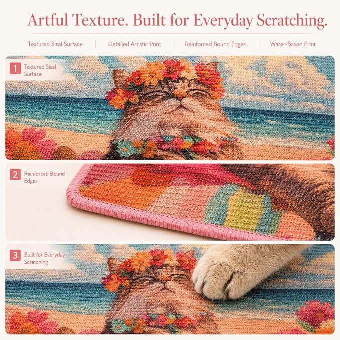 Art Sisal Cat Scratcher Mat, Cat Wall Scratchers for Indoor Cats | Wall Mounted Cat Scratcher, Natural Sisal, No-Drill Hook & Loop Setup, Floor or Wall Use, 23.6 x 15.7 Inch, Beach Cat - Image 5