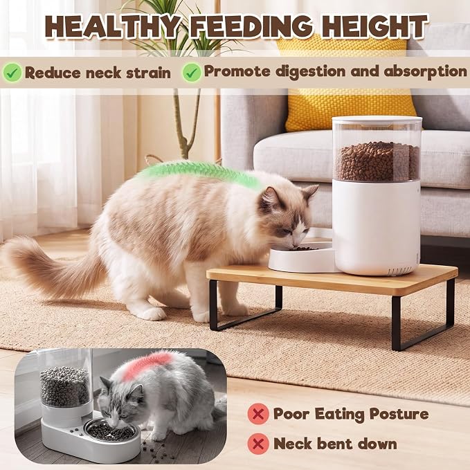 Bamboo Wood Cat Food Stand for Automatic Cat Feeder and Bowls | Non-Slip Metal Frame Elevated Cat Bowls Stand 15.7'' x 9.1'' Tabletop Fit Most Automatic Feeders, Raises Feeder/Bowl by 3.5'' - Image 4