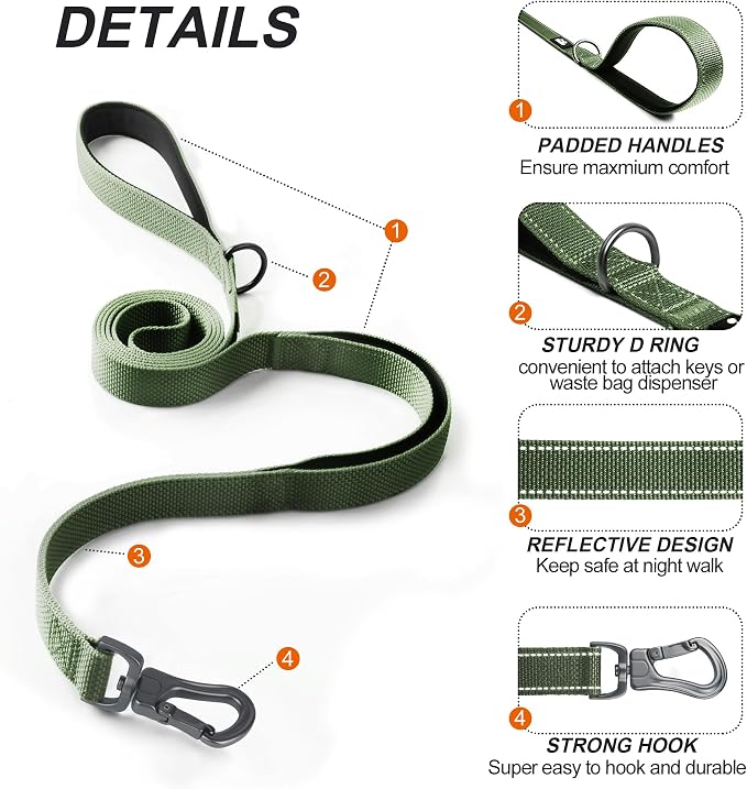 Twoear 4FT 1IN Heavy Duty Dog Leash for Large Dogs with 2 Padded Handles | Traffic Handle Extra Control, Auto Lock Hook, Strong Reflective Walking Leash for Night Safety, Medium and Large Breeds,Green - Image 2