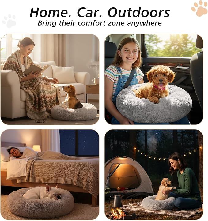 JOLLYVOGUE Calming Dog Bed for Small Dogs - 23 inches Donut Washable Small Dog Bed for Kittens & Puppies, Anti-Slip Round Fluffy Plush Faux Fur Cat Beds (Fits up to 25 lbs Pets, Grey) - Image 7
