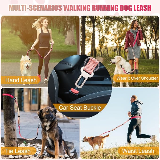Heavy Duty Hands Free Dog Leash, 5-7 FT Reflective Adjustable Waist Dog Leash Belt with Padded Handles, Shock Absorbing Bungee and Car Seat Belt for Large Medium Dogs (Gradient Rose, XL) - Image 4