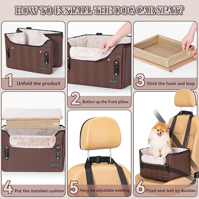 PETSFIT Car Seat for Dogs, Waterproof PU Leather Dog Car Seat for Small Dogs with Patent Safe Buckles, Clip-On Leash, Pet Travel Carrier Bed for Small Pets Up to 25lbs (Brown) - Image 6