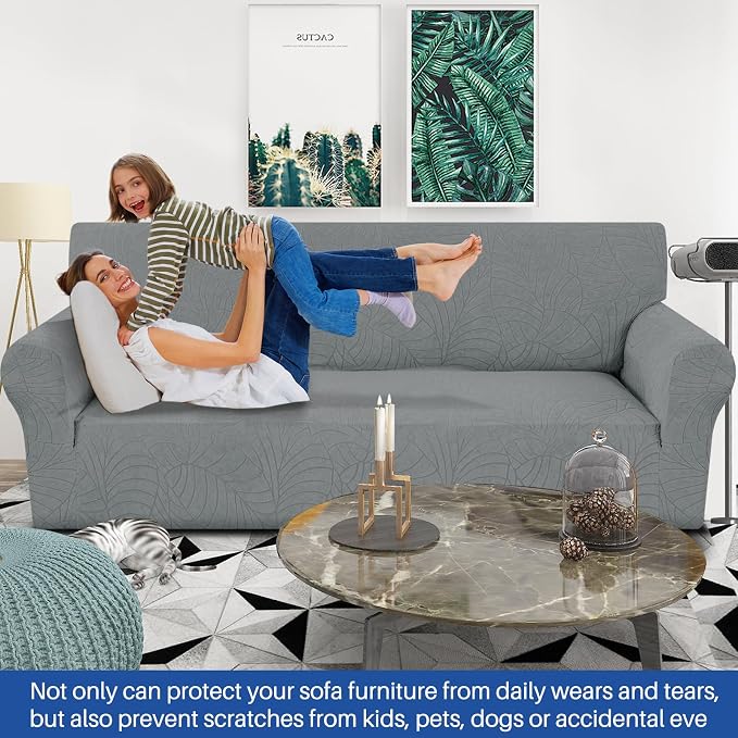 YEMYHOM Couch Cover Latest Jacquard Design High Stretch Sofa Covers for 3 Cushion Couch, Pet Dog Cat Proof Slipcover Non Slip Magic Elastic Furniture Protector (Large, Begonia Leaf Dark Gray) - Image 2