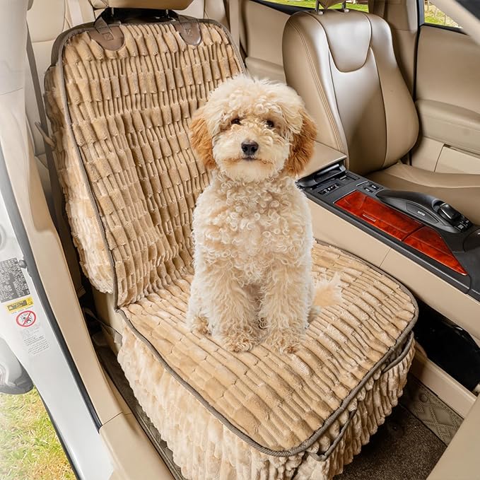 Dog Car Seat Cover Front Seat, Soft Plush Waterproof Protector,Tan | Non-Slip Backing, Side Flaps, Full Coverage, Hair, Dirt & Scratch Defense, Machine Washable, Fits Cars, SUVs & Trucks by YOVEEKLE