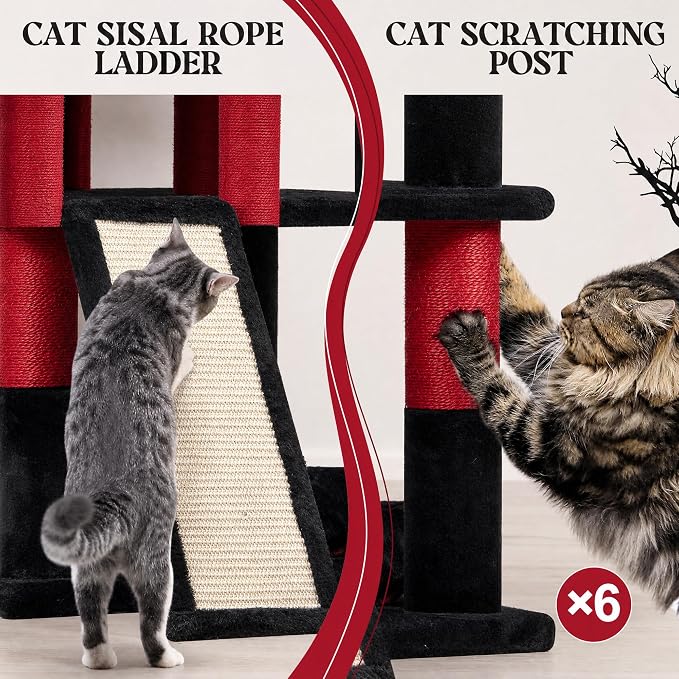 Globlazer Heavy Duty Gothic Cat Tree, 72in Large Cat Tower with Coffin Bed, Sturdy Maine Coon Cat Tree for Large Cats 20 lbs+, Medieval Castle Style with 6 Scratching Posts & Hammock, S72, Black & Red - Image 5