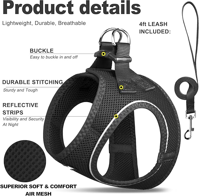 Fida Comfy Dog Harness with Leash, Soft Puppy Vest Escape Proof, Breathable Lightweight Soft Mesh, Adjustable Reflective Step-in Harness for Cat & Extra-Small Pet (XS, Black) - Image 2