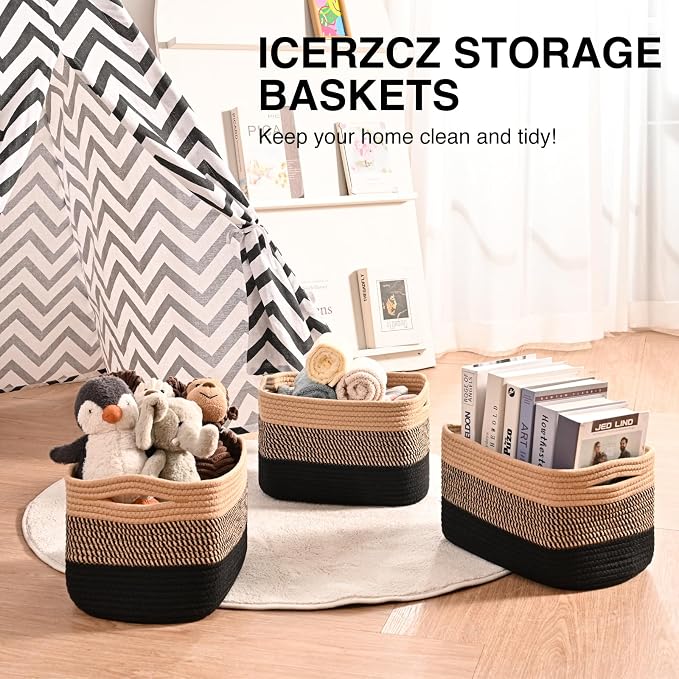 ICERZCZ Storage Baskets for Shelves Organizing, Woven Cotton Rope Baskets for Storage, Book Basket, Towel Basket, 12.5"Lx9.1''Wx7.9''H (4 Packs) Gradient Black & Jute - Image 6