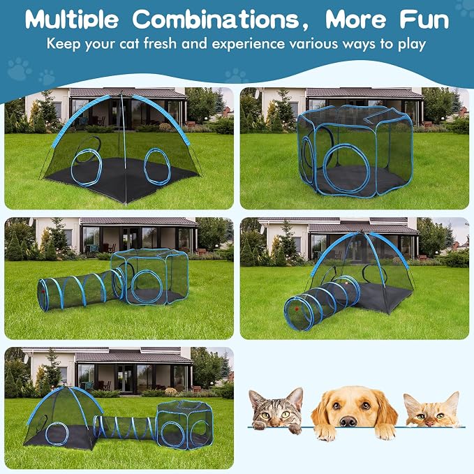 3-in-1 Outdoor Cat Enclosure, Portable Catio Tent with Tunnel | 2 Rooms & 1 Tunnel, Breathable Mesh, Carry Bag, Interactive Toys, Multi-Entry Doors, Indoor & Outdoor Use for Small pets - Image 4