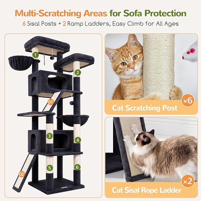 Globlazer 79in Heavy Duty Cat Tree for Large Cats, S79, Beige | Tall Cat Tower with 6 Scratching Posts, Cat tree for Indoor Cats Large Adult with 2 Perches, 2 Baskets, 2 Spacious Caves - Image 6