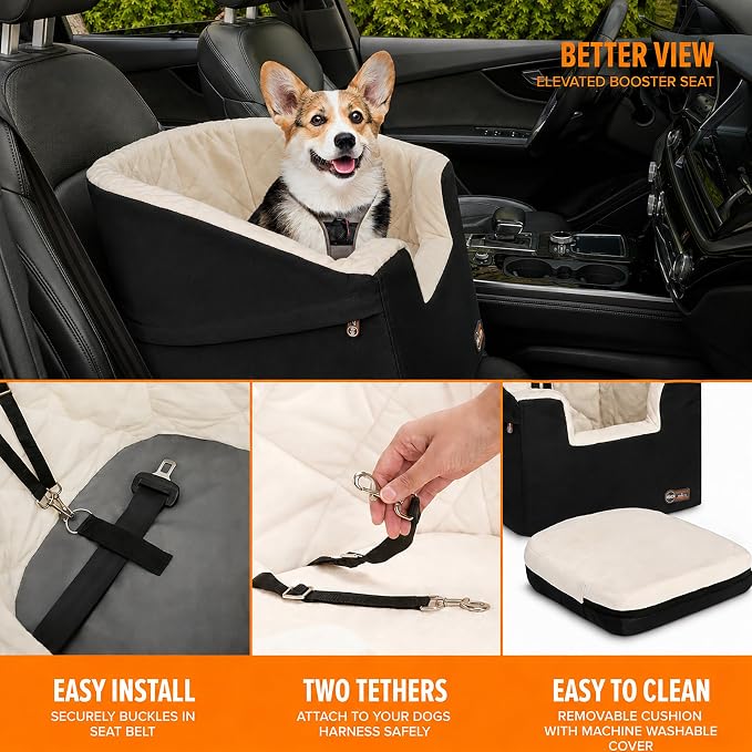 K&H Dog Car Seat, Bucket Booster for Small to Medium Pets, L Black/Cream | Better views on rides, dog car seats for small dogs with bolster, 2 tethers, washable cover, for 2 small dogs or 1 medium dog - Image 2