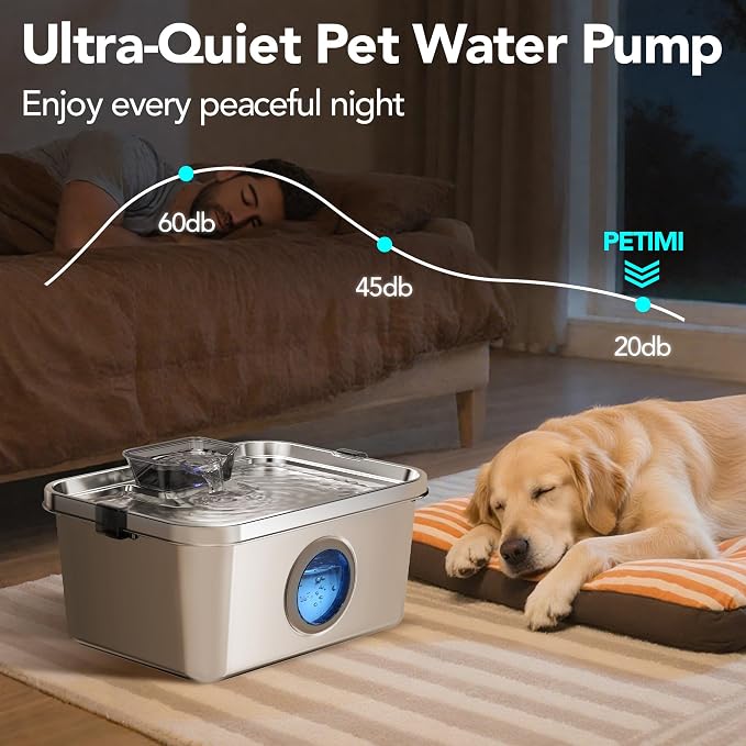 PETIMI Dog Water Fountain, 3 Gallons Stainless Steel Dog & Cat Water Fountain, Large Pet Water Fountain for Multiple Pets, Ultra Silent, Wide Mouth, Safety Lock, 3 Filters Included, Smart Water Pump - Image 6