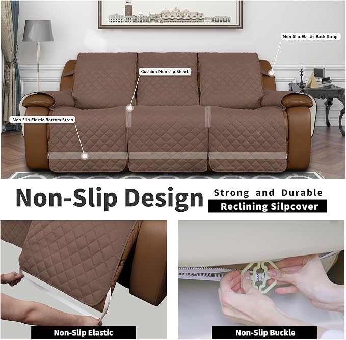 Easy-Going Recliner Sofa Cover, Reversible Couch Cover for 3 Seat Recliner, Split Sofa Cover for Each Seat, Furniture Protector with Elastic Straps for Kids, Dogs, Pets(3 Seater, Brown/Beige) | Washable Sofa Slipcover For Dogs, Sofa Cover For Recliner,... - Image 4