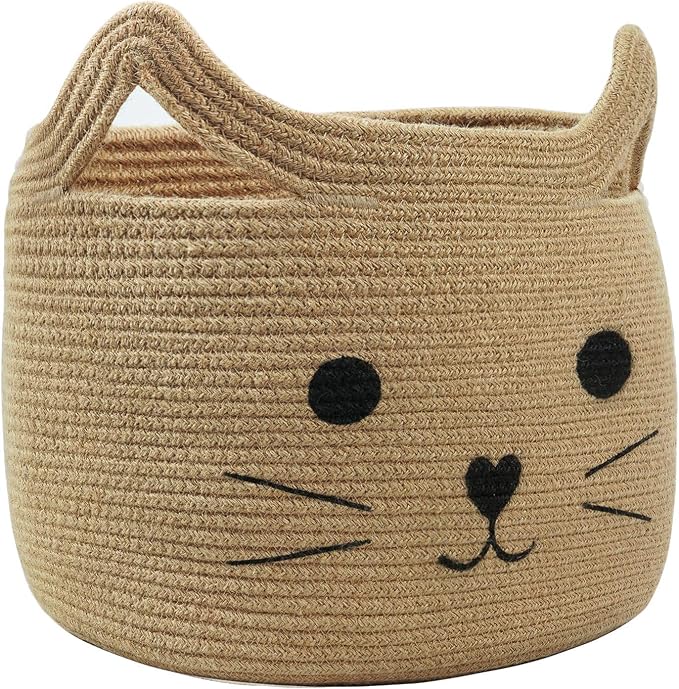 Large Woven Rope Cat Toy Basket with Cat Face Design, Jute | 15.7" x 11.8" Toy Bin & Box for Living Room Nursery, Baby Storage Basket for Towels, Blankets, with Sturdy Handles by HiChen
