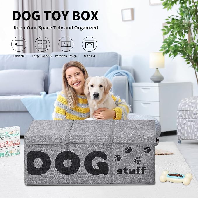 Qozary Dog Toy Storage Box - 3 Grids Large Dog Toy Basket and Storage Bin With Lid for Pet Supplies, Perfect To Keep Everything Organized - Image 2