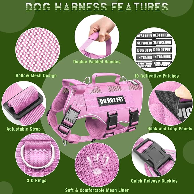 WINSEE Tactical Molle Vest Mesh Dog Harness with 10 Removale Pet Patches | Breathable Service Dog harness with Double Soft Padded Handle for Large Dog, Reflective Military Pet Vest for Walk Hiking - Image 4