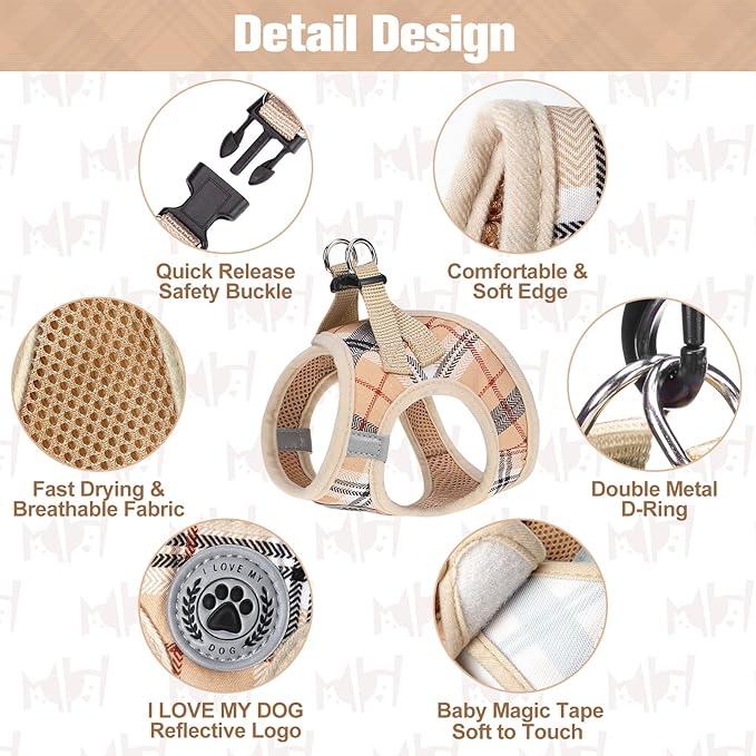 BEAUTYZOO Small Dog Harness and Leash Set, No Pull Puppy Pet Vest- Beige,XS | Step-in Easy On/Off, All Season Breathable Mesh,Escape-Proof Hook & Loop,Lightweight Reflective,No Choke,Easy Walking Control - Image 3