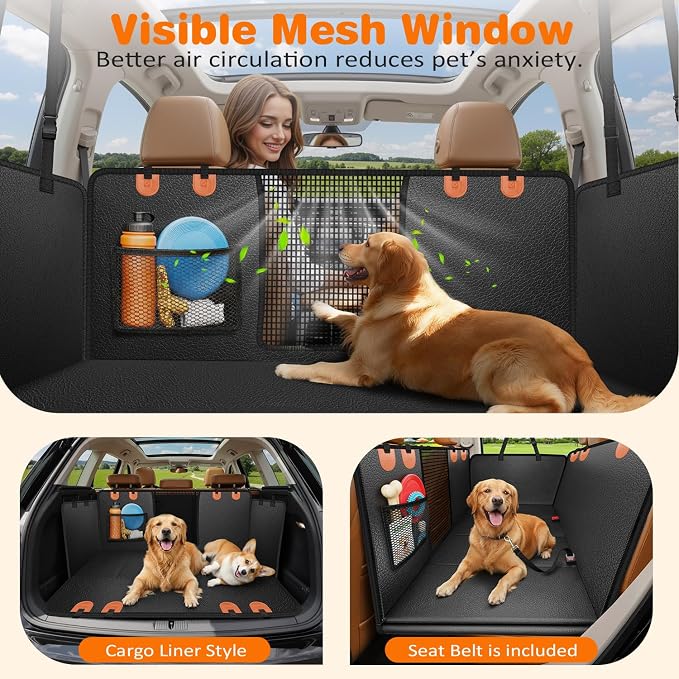 URPOWER PU Leather Hard Bottom Dog Seat Cover for Extended Cab Trucks | 500 lbs Support, 45% More Space, Waterproof, Scratch Resistant, Non-Slip, Mesh Window, Easy Care, Dog Seat Belt Included - Image 4