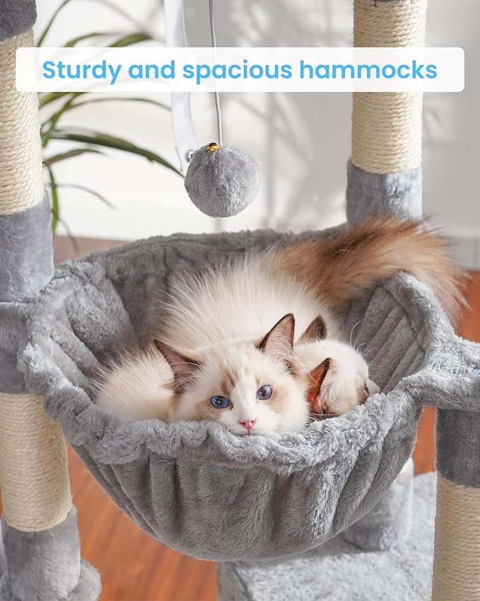 Hey-brother Large Cat Tree, Cat Tower for Indoor Cats, Cat House with Padded Bed, Cozy Condo, Hammocks, Sisal Scratching Posts, Big Scratcher, Light Gray MPJ006-MW - Image 4
