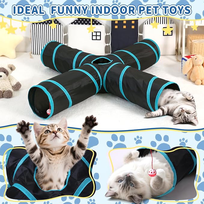 Pet Cat Tunnel, 4-Way Junction Tunnels for Indoor Cats, Collapsible Pet Tunnel for Kitten, Puppy, Rabbit, 25cm-Wide Tunnels, Durable & Breathable, with Peek Hole Toy Ball - Image 3