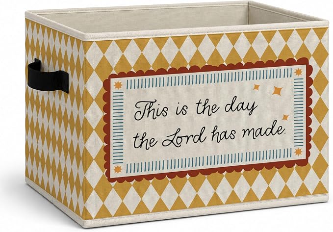 Christian Warm Storage Bins Box, Farmhouse Collapsible Organizer Basket | religious faith storage box basket for books clothes, cream gingham organizer for nursery bedroom playroom, 10x14 in by Unknown
