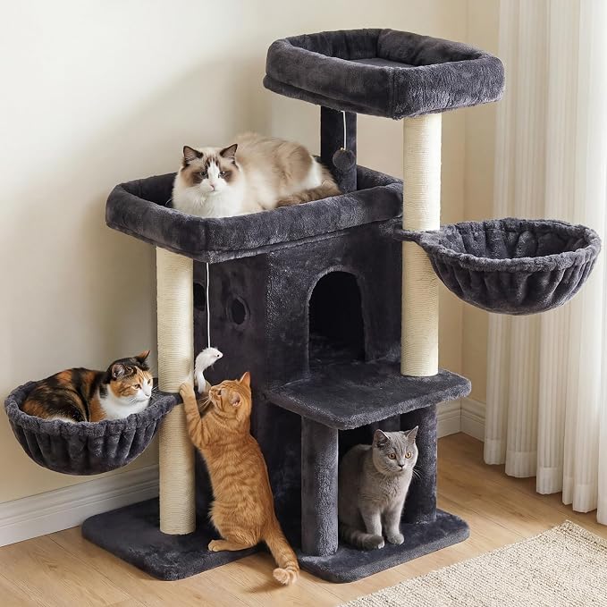 Heybly Cat Tree with Reinforced Big Base, 41.3 in Sturdy Cat Tower HCT075G | Indoor Cat Furniture Featuring 2 Roomy Platforms, Double Condos, 2 Cozy Baskets, Full Sisal Scratching Posts, Smoky Gray - Image 10