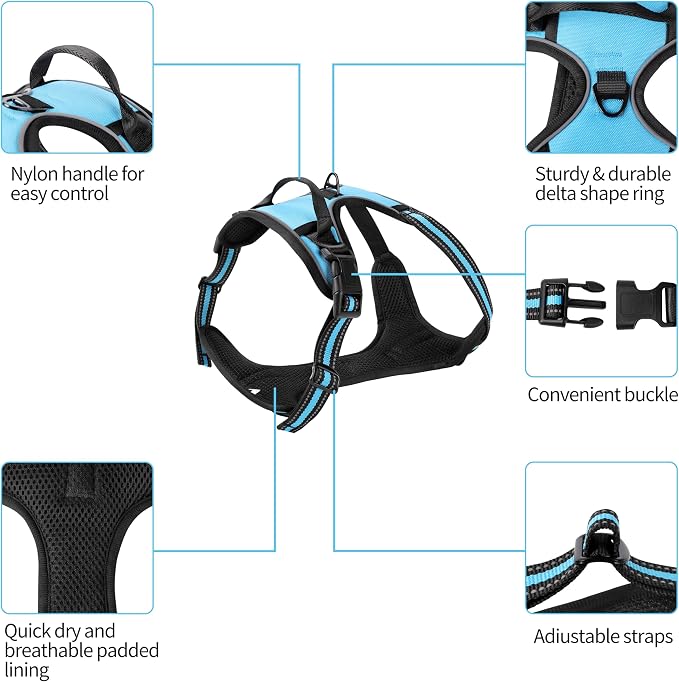 Blue No-Pull Dog Harness with 2 Leash Clips，Soft Padded Vest for Large Dog, Adjustable Reflective Dog Vest Easy to Put on and Take Off, (Neck: 17"~24", Chest: 24"~32",Blue L) - Image 3