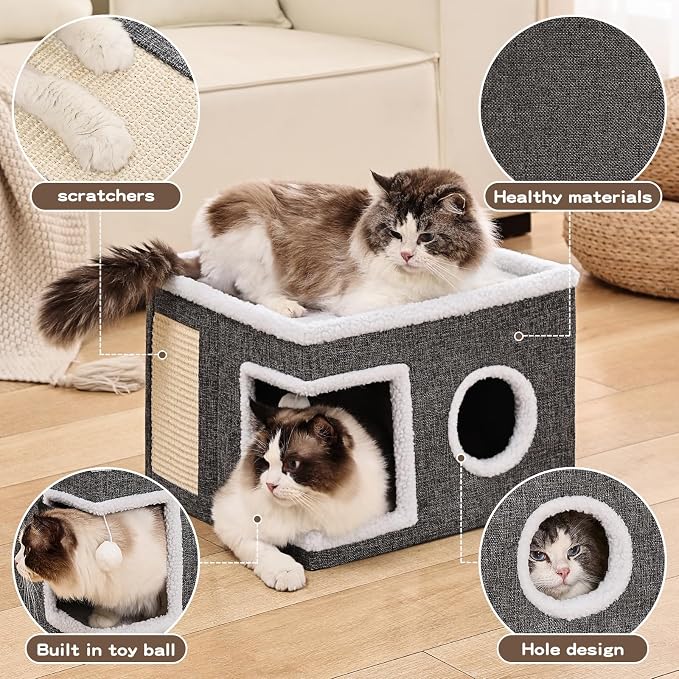 Large Cat Houses for Indoor Cats with Fluffy Ball and Scratch Pad | Foldable Cat Bed Cave for Multiple Pets, Kitten Bed for All Seasons, Non-slip, Hold Up to 30LBS, 16x16x13inch, Grey - Image 2