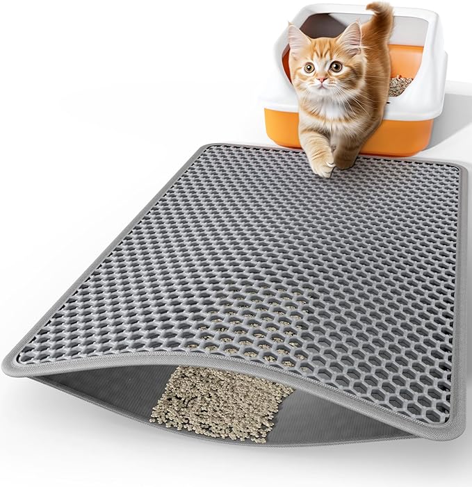 Powools Cat Litter Mat - 30" x 24" Large Litter Box Mat with Double Layers, Urine-Proof and Non-Slip Litter Trapping Mat, Easy to Clean Kitty Litter Mats for Floor, Scatter Control, Grey by Powools