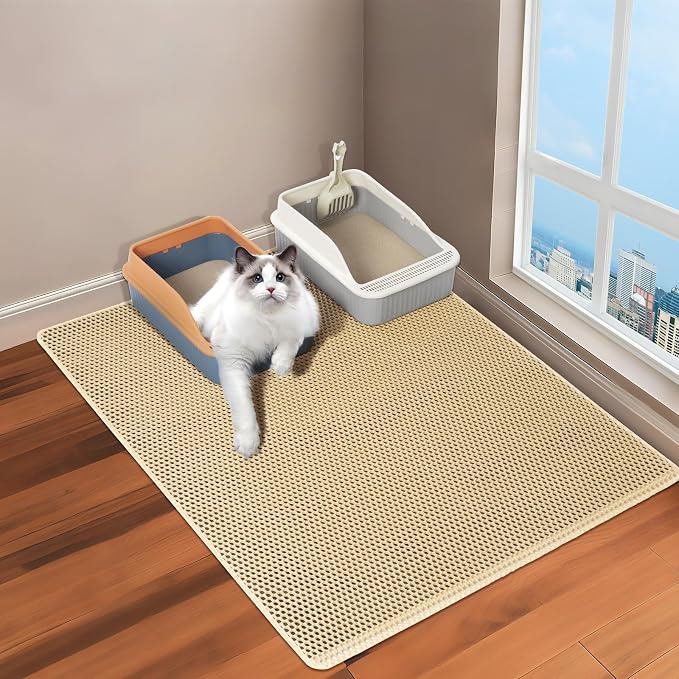 Large Cat Litter Box Mat,35''X 25'' Litter Trapping Mat for indoor Cat, Litter box Mat for Floor, 2 Layer Litterbox Catcher Rug for Kitty Pet,Waterproof Urine Proof, Clean Easily, Non-Slip by USHARP