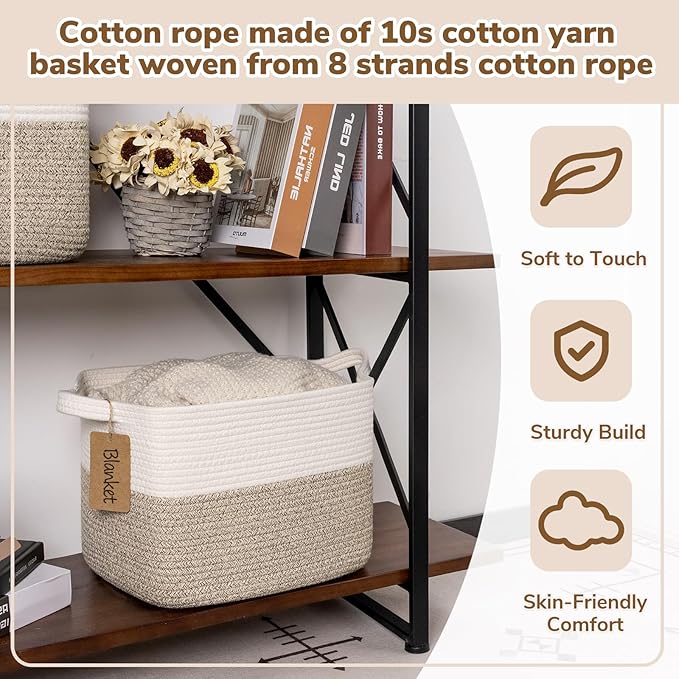 Goodpick Woven Rope Storage Basket for Shelves, Rectangle, Light Brown | 13" × 10" × 9" Stylish Gift Basket for Home Organization, Fits Dog Toys, Books & Nursery Essentials Storage, Writable Label - Image 5