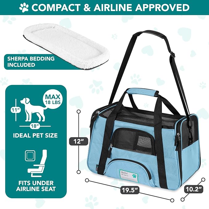 PetAmi Airline Approved Pet Carrier for Cats & Small Dogs, Large Light Blue | Soft Sided TSA Travel Bag, Sherpa Bed, Breathable Mesh Ventilation, Collapsible Bowl, Fits Under Seat, Up to 18 lbs - Image 2