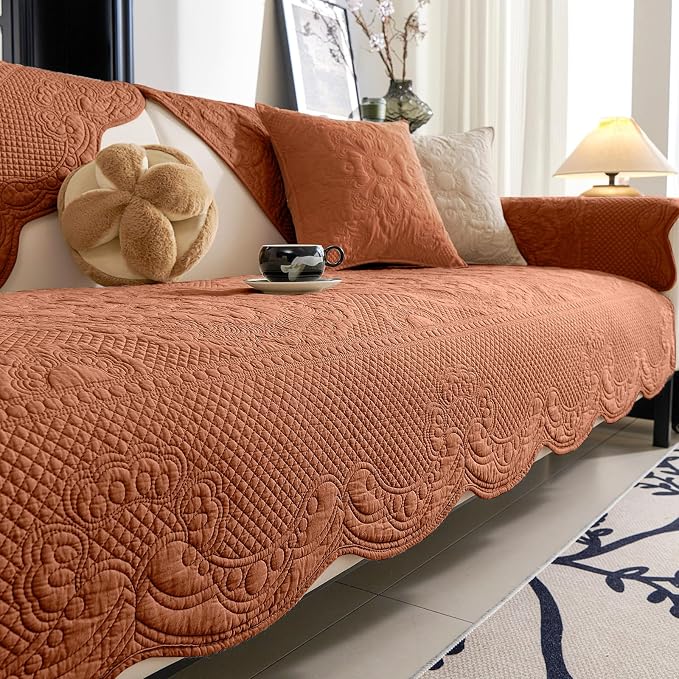 vctops Boho Cotton Quilted Couch Cover Soft Embroidered Sofa Cover Non-Slip Dog Bed Cover Scalloped Sofa Slipcover Washable Furniture Protector Cover (Orange,43"x70") by vctops