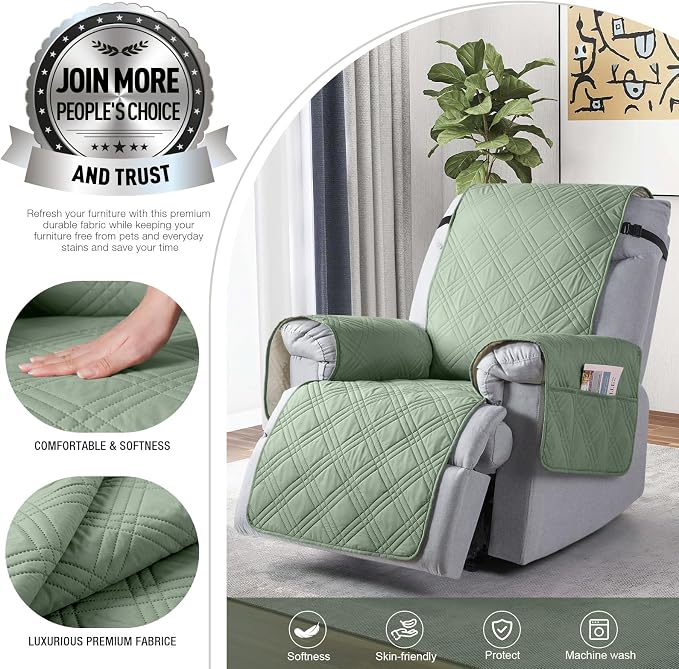 TAOCOCO Waterproof Recliner Chair Cover, Non Slip Oversized Recliner Covers for Recliner Chair with Pocket, Reclining Chair Cover Furniture Protector for Kids, Dogs(28'', Sage Green) - Image 3